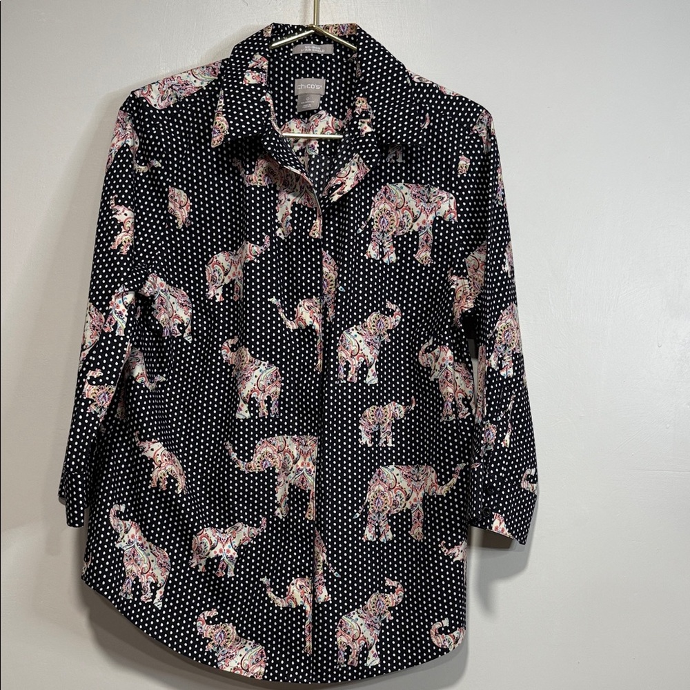 Chico's Black and Pink Elephant Print Button Down Shirt